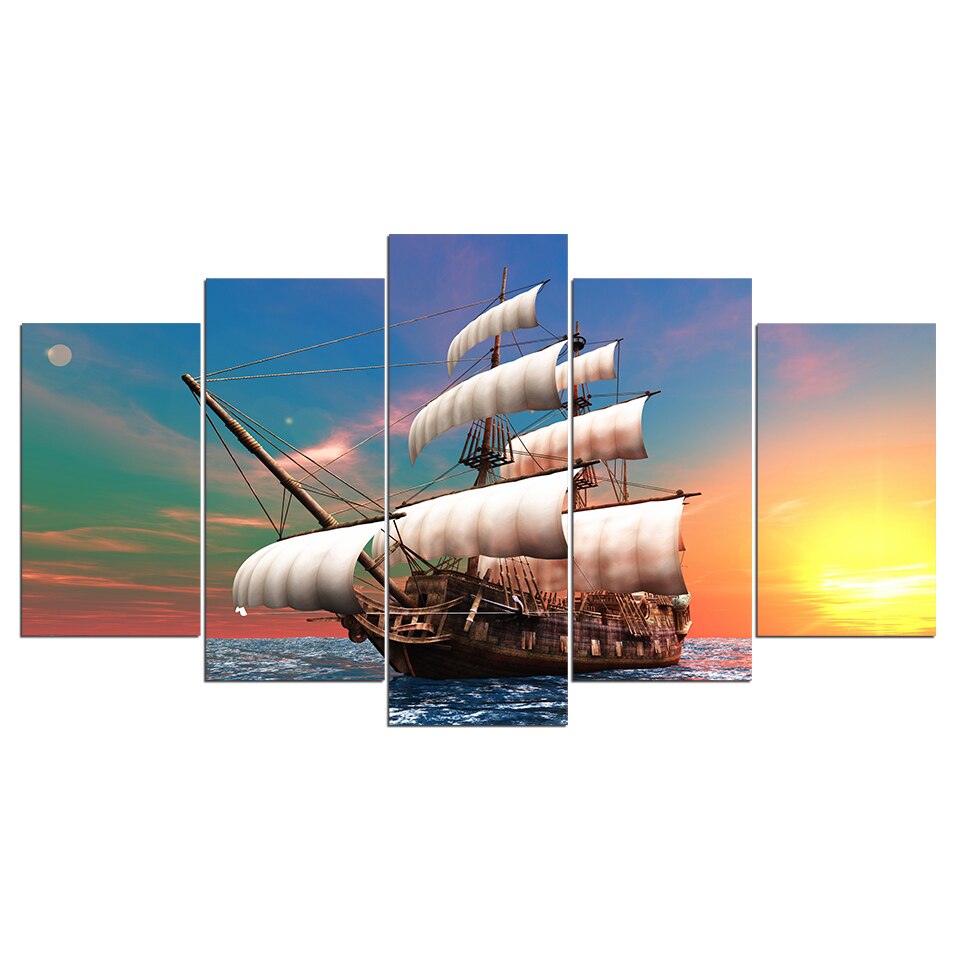 Ship on the Sea – 5 Piece Multi Panel Canvas Wall Art – WallArtBliss.com