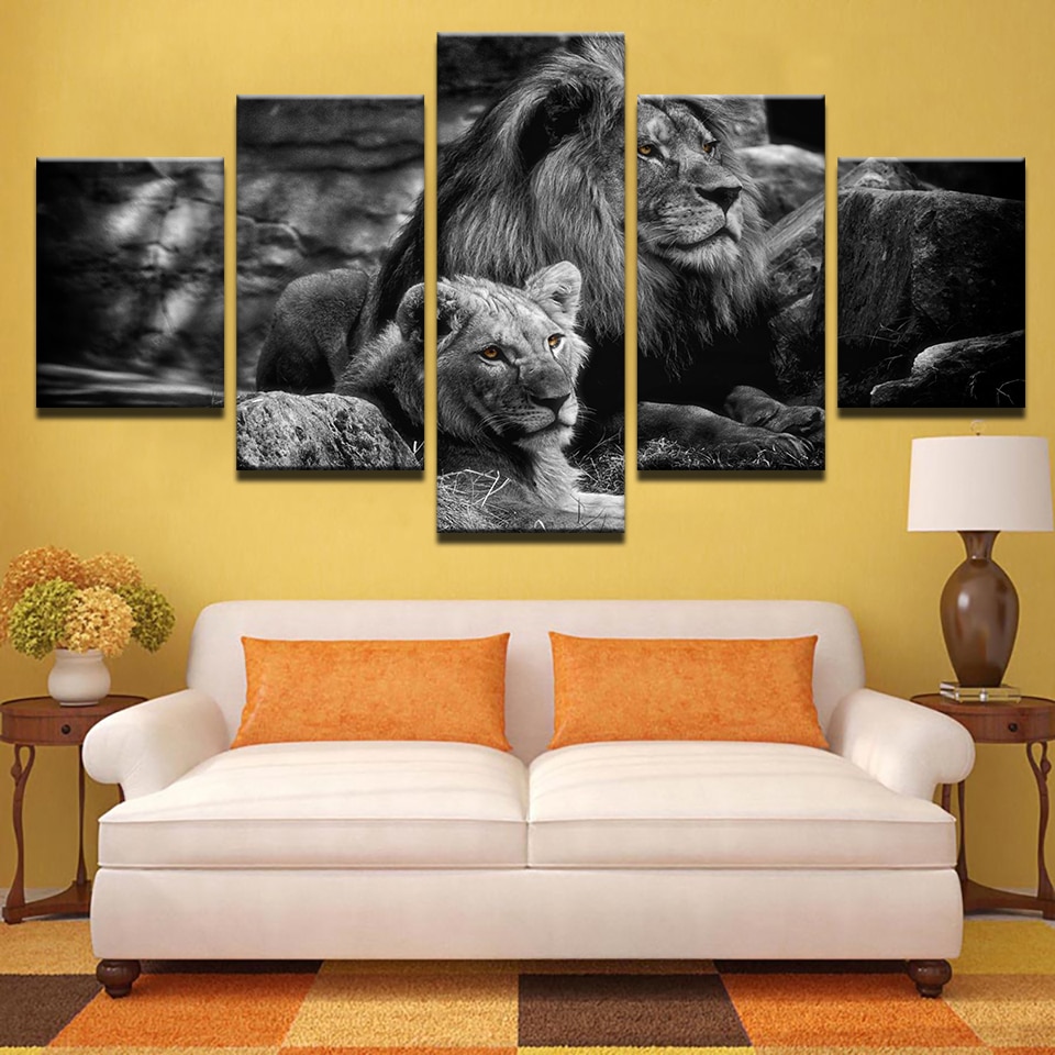 Black White King Of The Forest Lions 5 Piece Multi Panel